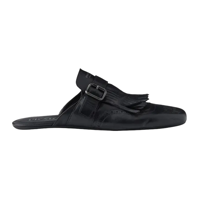 Prada Shuffle Antiqued Leather Mules With Buckled Strap And Fringe Black — Authentic Prada in stock at CLZTURE