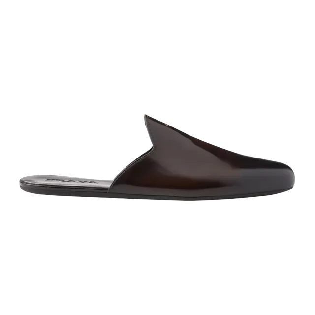 Prada Brushed Leather Slippers Brown — Authentic Prada in stock at CLZTURE