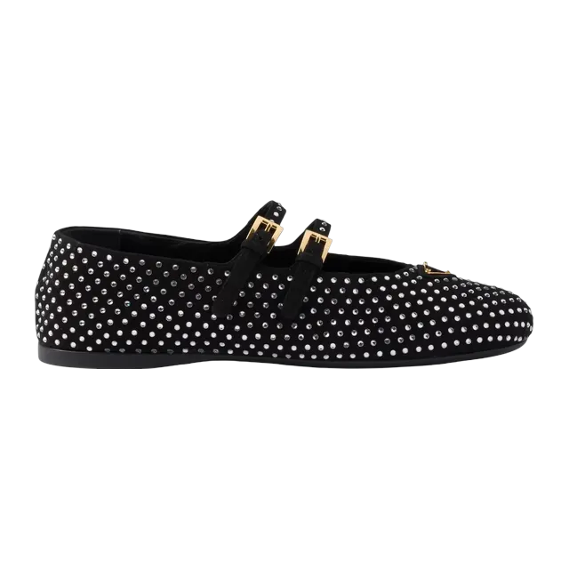 Prada Suede Ballerinas With Crystals Black — Authentic Loafers & Flats at CLZTURE