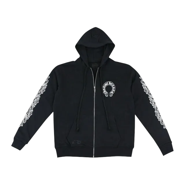 Chrome Hearts Horseshoe Floral Cross-Sleeve Zip Up Hoodie Black/White — Authentic Hoodies & Sweats at CLZTURE