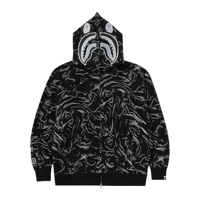 BAPE Marbling Camo Shark Relaxed Fit Full Zip Hoodie Black — Authentic Hoodies & Sweats at CLZTURE