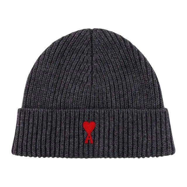 AMI Paris Beanie Heather Grey/Red — Authentic Accessories at CLZTURE