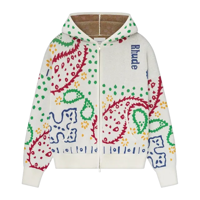 Rhude Multi Bandana Knit Zip Up Hoodie White — Authentic Hoodies & Sweats at CLZTURE