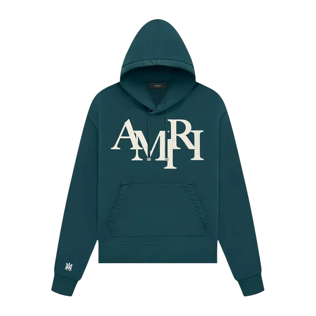 Amiri Staggered Logo Hoodie Rain Forest — Authentic Hoodies & Sweats at CLZTURE
