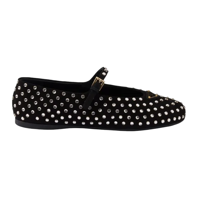 Prada Suede Ballerinas With Crystals Black — Authentic Loafers & Flats at CLZTURE