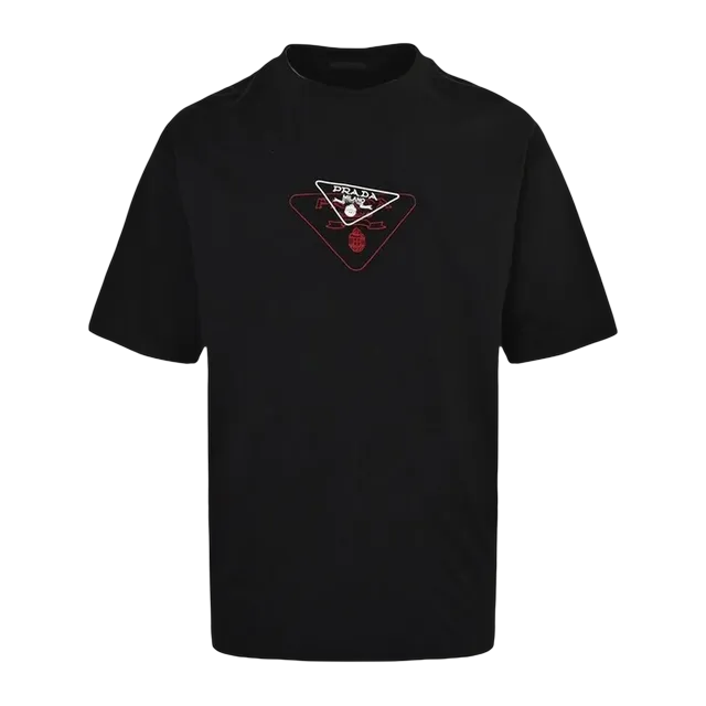Prada T-Shirt Triangle Embroidered Black — Authentic T-Shirts at CLZTURE