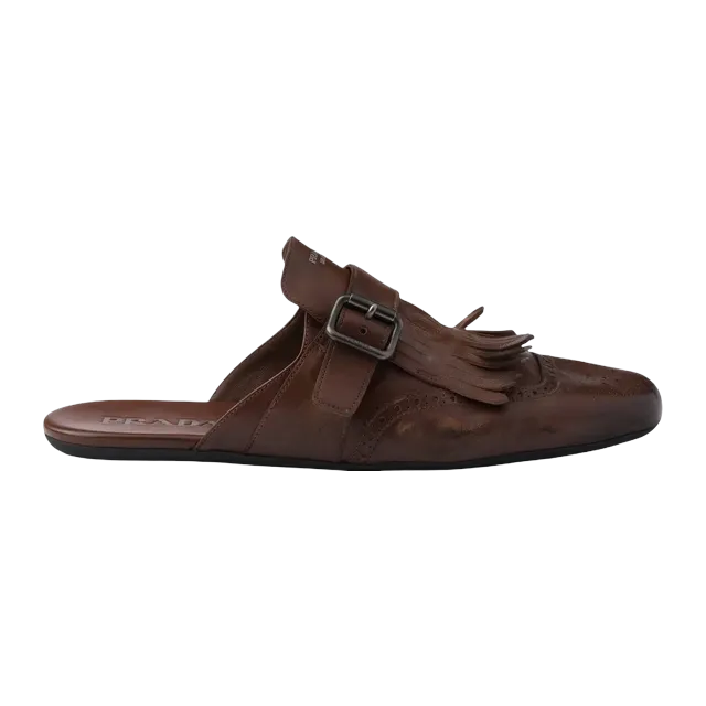 Prada Shuffle Antiqued Leather Mules With Buckled Strap And Fringe Brown — Authentic Prada in stock at CLZTURE