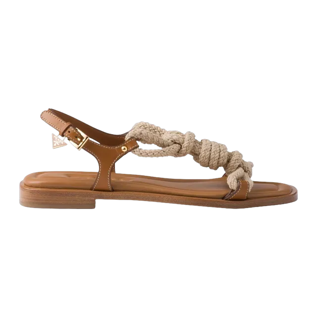 Prada Flat Leather And Cord Sandals Brown — Authentic Shoes & Footwear at CLZTURE