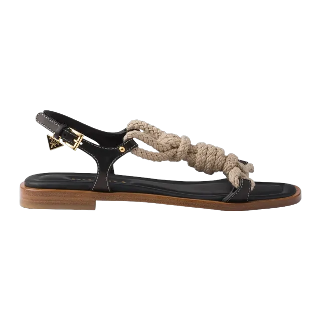 Prada Flat Leather And Cord Sandals Black — Authentic Shoes & Footwear at CLZTURE