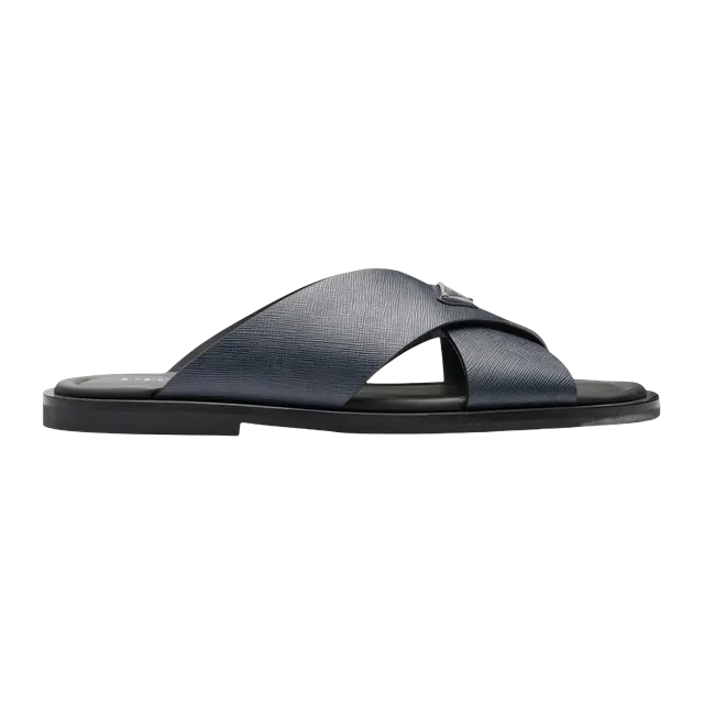 Prada Saffiano Leather Crisscross Slides Black — Authentic Prada in stock at CLZTURE