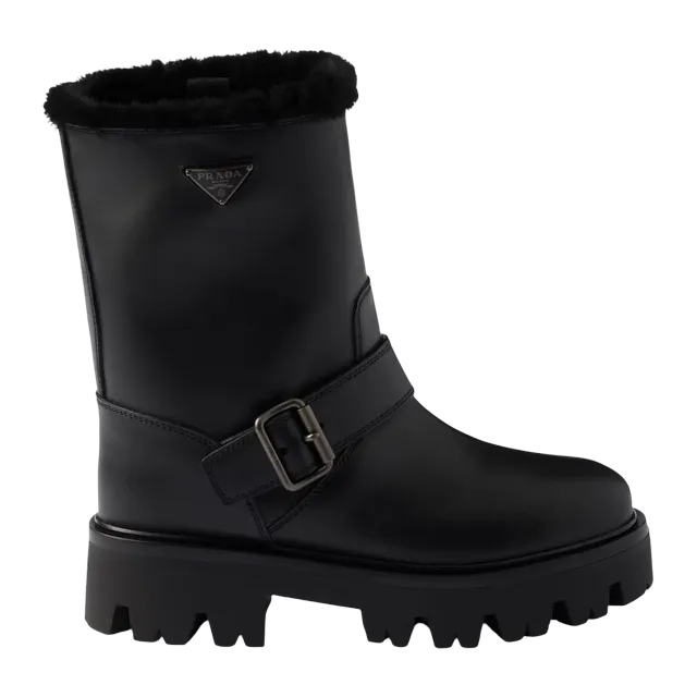 Prada Leather And Shearling Booties Black — Authentic Boots at CLZTURE