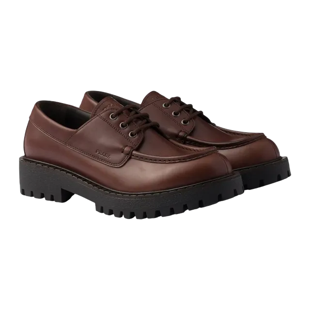 Prada Laced Leather Loafers Brown — Authentic Prada in stock at CLZTURE