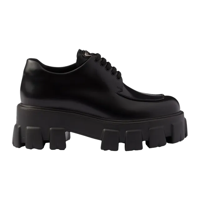 Prada Monolith Brushed Leather Lace-Up Shoes Black — Authentic Shoes & Footwear at CLZTURE