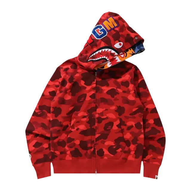 BAPE Color Camo Tiger Shark Wide Full Zip Double Hoodie Red — Authentic Bape in stock at CLZTURE