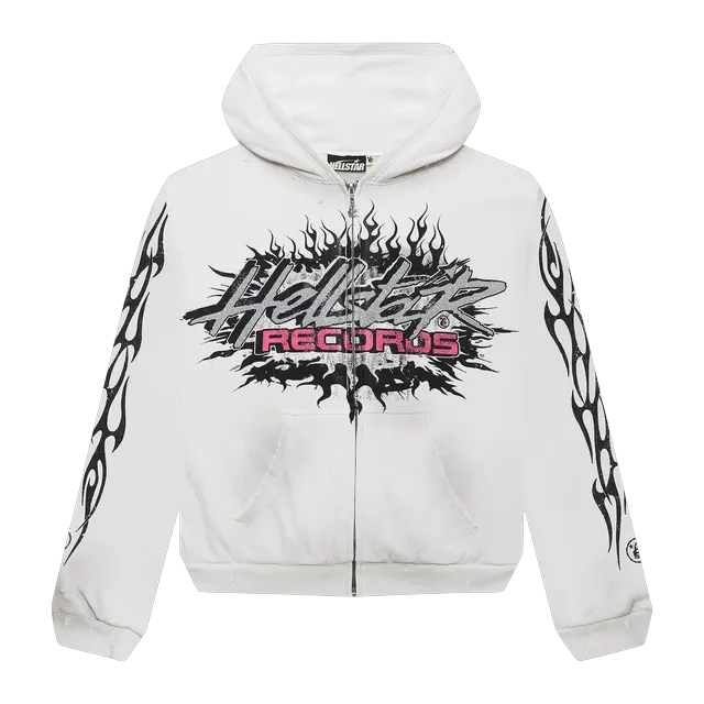 Hellstar Records Glitter Zip Up Hoodie White — Authentic Hoodies & Sweats at CLZTURE