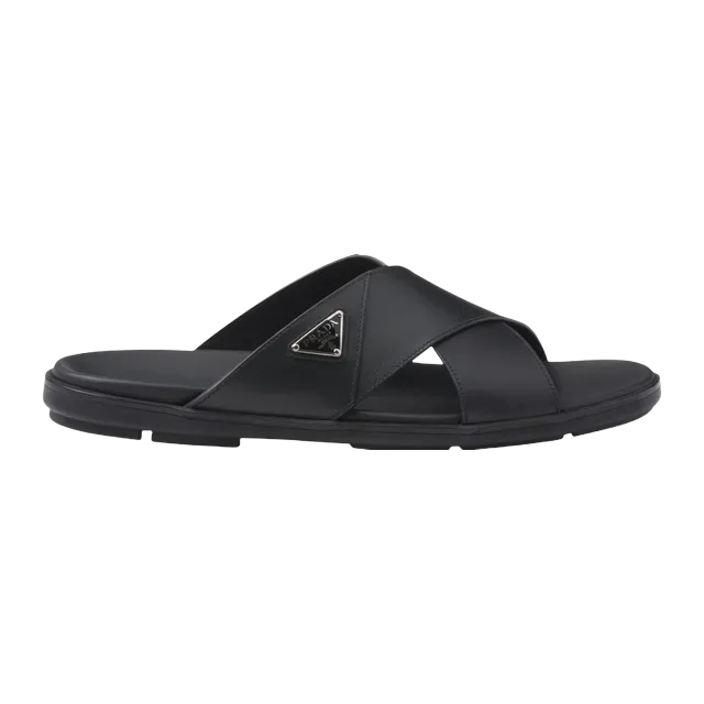 Prada Leather Crisscross Slides Black — Authentic Prada in stock at CLZTURE
