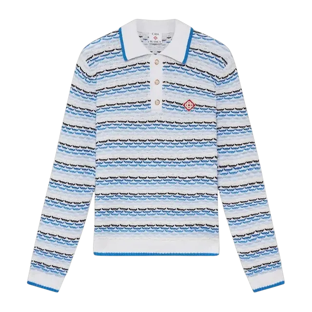 Casablanca Polo à Manches Longues Point De Tricot Blue — Authentic Shirts at CLZTURE