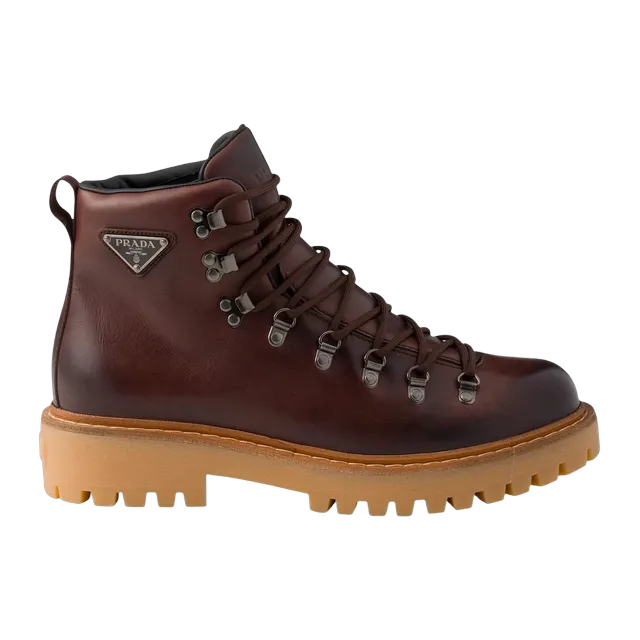 Prada Laced Leather Booties Brown — Authentic Prada in stock at CLZTURE