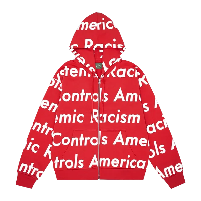 Denim Tears Arthur Jafa x Systemic Racism Controls America Zip Up Hoodie Red — Authentic Denim Tears in stock at CLZTURE