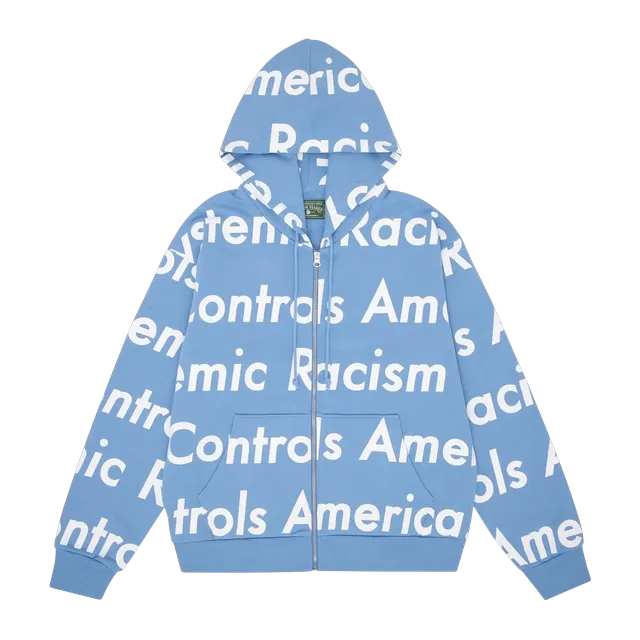 Denim Tears Arthur Jafa x Systemic Racism Controls America Zip Up Hoodie Dusty Blue — Authentic Hoodies & Sweats at CLZTURE