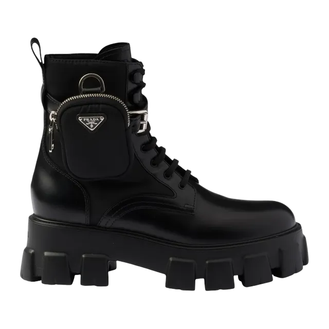 Prada Monolith Leather And Re-Nylon Combat With Pouch Black — Authentic Boots at CLZTURE