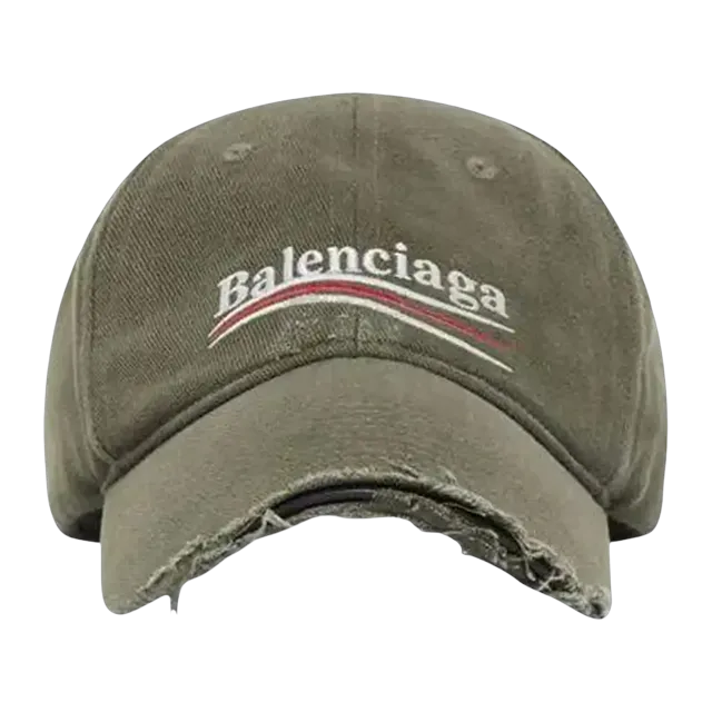 Balenciaga Political Campaign Distressed Cap Khaki/Multicolor — Authentic Accessories at CLZTURE
