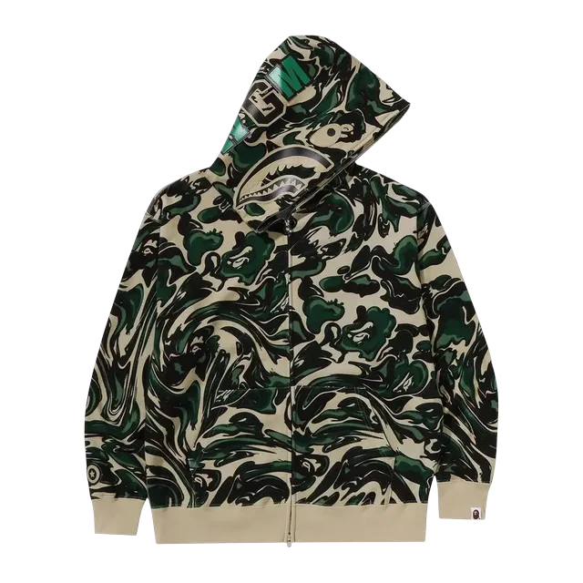 BAPE Marbling Camo Shark Relaxed Fit Full Zip Hoodie Green — Authentic Hoodies & Sweats at CLZTURE