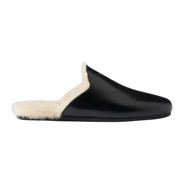 Prada Brushed Leather And Shearling Mules Black — Authentic Shoes & Footwear at CLZTURE