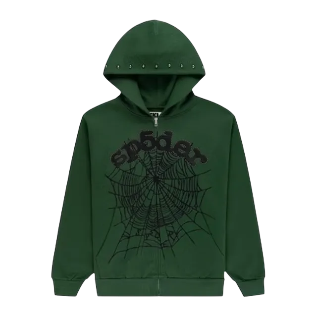 Sp5der Og Web Studded Zip Hoodie Green — Authentic Hoodies & Sweats at CLZTURE