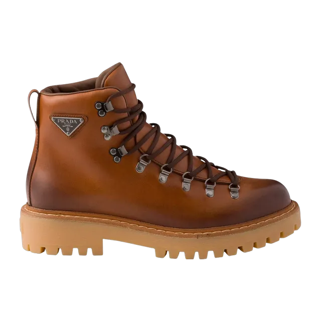 Prada Laced Leather Booties Brown — Authentic Prada in stock at CLZTURE