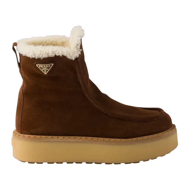 Prada Suede And Shearling Booties Brown — Authentic Boots at CLZTURE