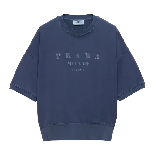 Prada Shorts-Sleeved Cotton Sweatshirt Blue — Authentic T-Shirts at CLZTURE